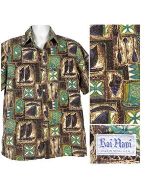 Kai Nani Tapa Tiki Mens Vtg Hawaiian Shirt size L/XL 48x28 Tribal Canoe USA